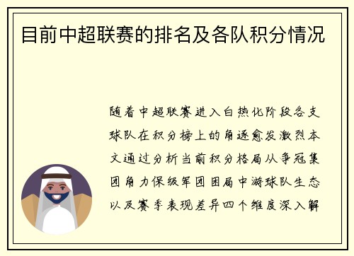 目前中超联赛的排名及各队积分情况